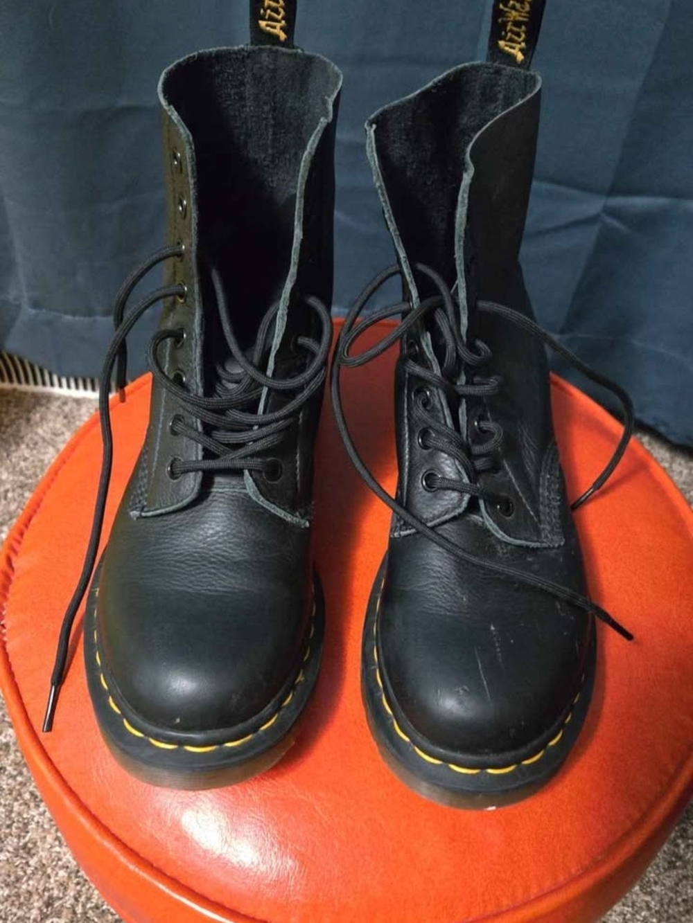 Dr. Martens Black Lace-Up Combat Boots with Yellow Stitching